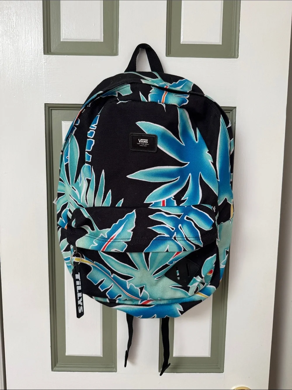 Vans Black Backpack with Blue Tropical Leaf Print